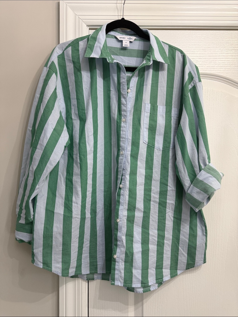 Old Navy Green and White Oversized Button-Down Shirt